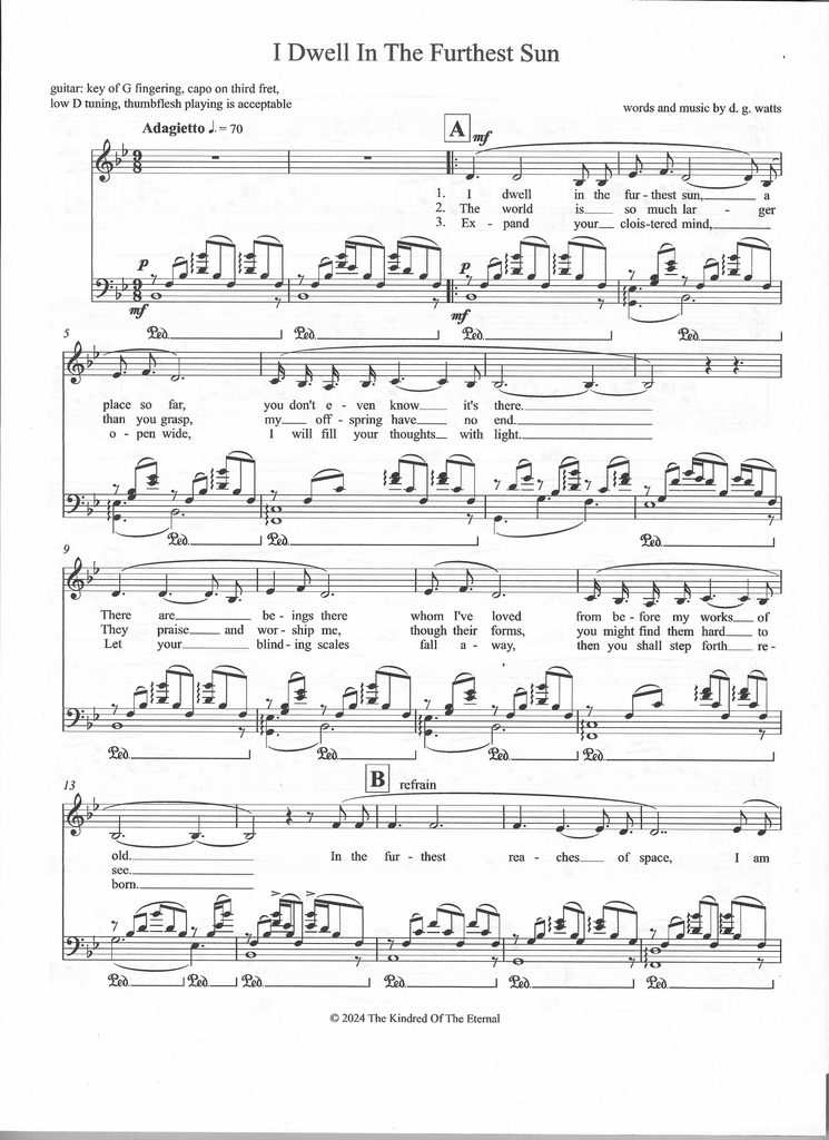 First page of the spiritual song entitled "I Dwell In The Furthest Sun", words and music by d. g. watts, copyright © 2024 The Kindred Of The Eternal.